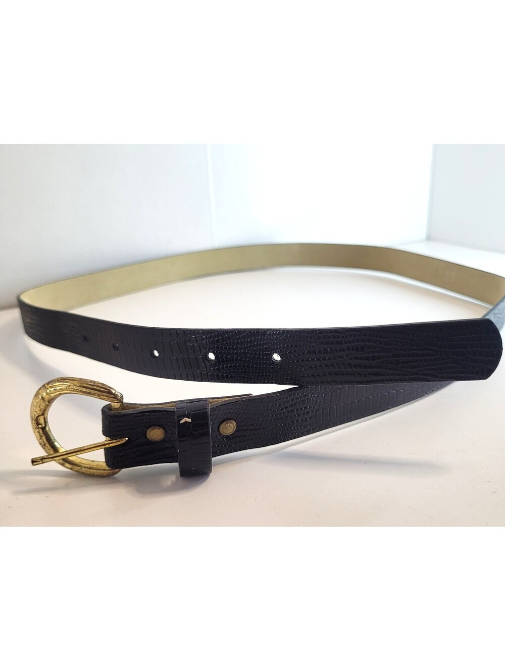 30" Black Skinny Belt Faux Croc Gold Tone Buckle .75" Wide